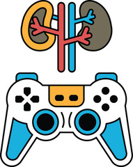 A black and white image of a video game controller with a kidney on the side © toonsteb