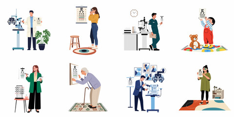 Comprehensive Eye Care and Vision Testing Collection: Diverse individuals undergoing ophthalmic examinations with optometrists and specialized equipment.