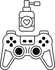 A black and white drawing of a video game controller with a bottle of lotion nex © toonsteb