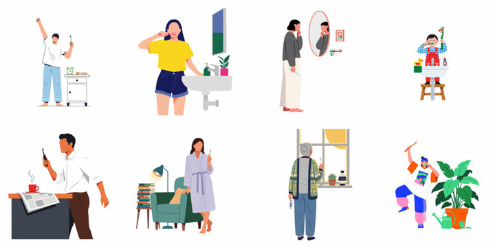 Diverse People Brushing Teeth and Starting Their Day: Morning Hygiene and Daily Routines at Home