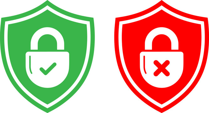 Security icons for safe and unsafe situations with shield and padlock symbols