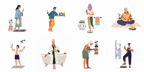 Daily Self-Care and Personal Hygiene Routines: Diverse People Using Skincare and Bath Products for Wellbeing and Health