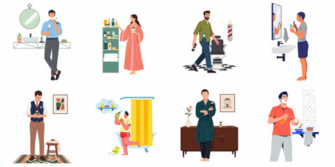 Daily personal care and grooming routines featuring men and women in various hygiene activities like shaving, bathing, and beauty preparations.