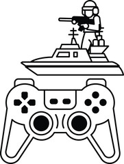 Obraz premium A black and white image of a soldier holding a gun and a video game controller