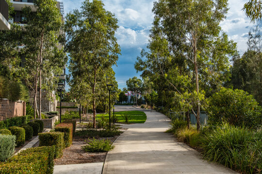 Residents and visitors experience suburban street life and community spaces in Oran Park Town, NSW, Australia, February 5, 2026