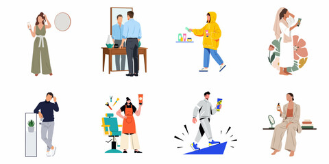 A vibrant collection of illustrations depicting diverse individuals engaged in various beauty, grooming, and self-care routines, from haircare to skincare and professional styling.