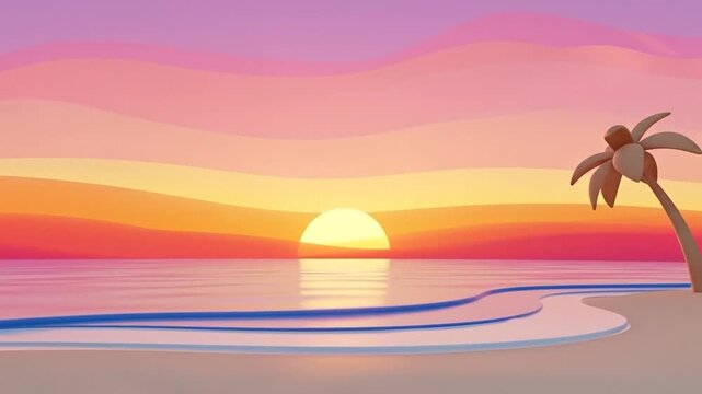 Vibrant cartoon beach scene with two stylized palm trees against a colorful sunset sky