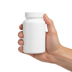 Hand holding white medicine bottle isolated on transparent background