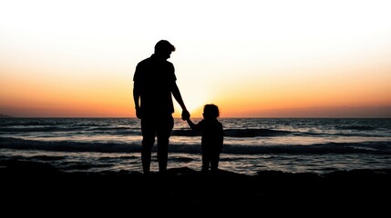 Silhouettes of a parent and child enjoying a serene sunset by the ocean shore