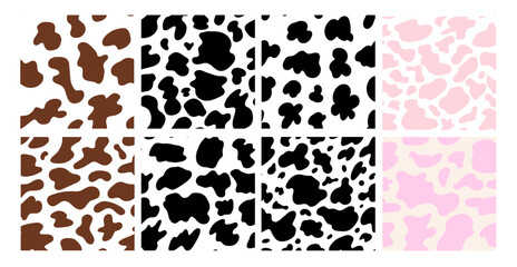 Fototapeta premium Cattle Cow Stain Seamless Pattern Set. Cow Spot Texture Animal Skin Surface Pattern Kit. Vector Animalistic Repeat Background