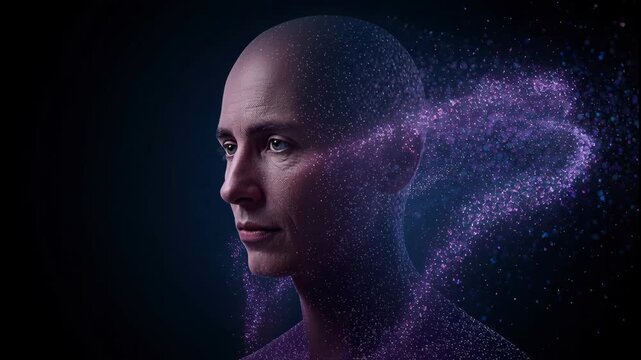 Bald adult profile portrait dissolving into digital particles with cosmic dispersion, introspective
