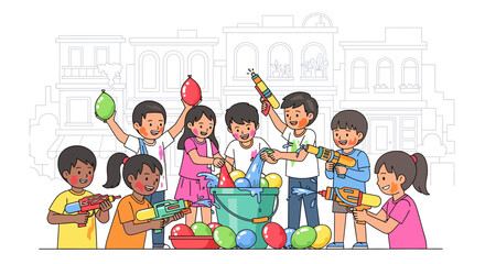 Children Playing Holi With Water Guns and Balloons