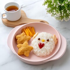 3D anime-style top-down scene of a pastel-themed breakfast plate with rice with owl face, seaweed wings, cucumber stars, arranged cutely with soy sauce hearts and tiny edible flowers, kawaii