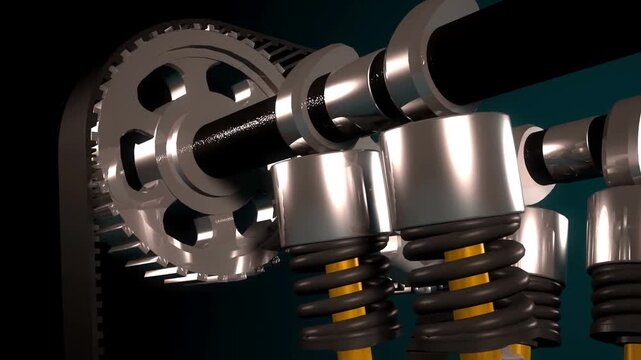 Detailed three dimensional animation illustrating the internal mechanics of a four stroke engine combustion cycle
