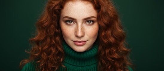 Fototapeta premium CloseUp Calm Redhead Woman Poised Studio Portrait Wearing Green Turtleneck, Soft Lighting, Thoughtful Expression And Direct Gaze, Textured Curls, Natural Makeup, Moody Green Background,