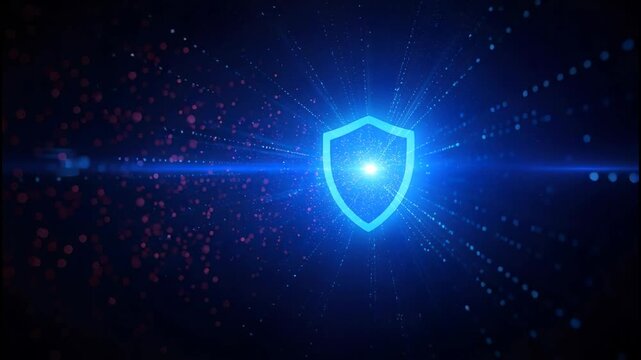 Blue digital shield glowing amid data particles and light rays conveying cyber security data