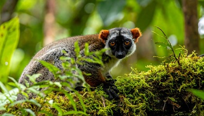 Fototapeta premium A lemur peeks out from a moss-covered branch in a lush rainforest.