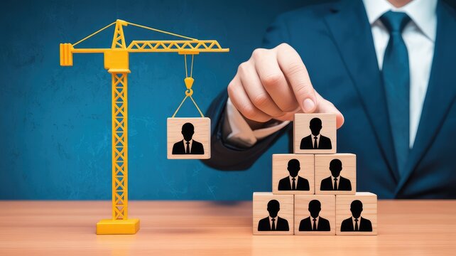 Businessman building a human resource pyramid with wooden blocks and a construction crane showing team recruitment and strategy