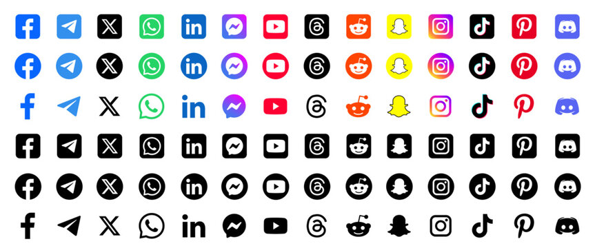 Complete social media icon set featuring isolated vector logos of Facebook, Telegram, X (Twitter), WhatsApp, LinkedIn, YouTube, Instagram and TikTok,...
