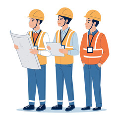 Flat vector illustration of construction workers in safety vests and hard hats, one holding blueprints