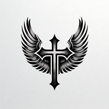 Gothic Style Cross with Angel Wings Tattoo Design: Religious Symbol and Faith Emblem in Black and White Vector Illustration