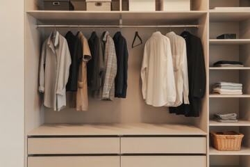 Organized Closet with Hanging Shirts Folded Clothes and Storage Baskets in Neutral Tones