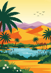 Obraz premium Vector illustration of tranquil desert oasis lake at sunset with palm trees and mountains