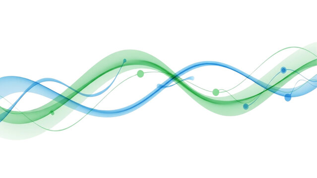 Abstract intertwining blue and green waves with scattered data points illustrating digital flow and connectivity
