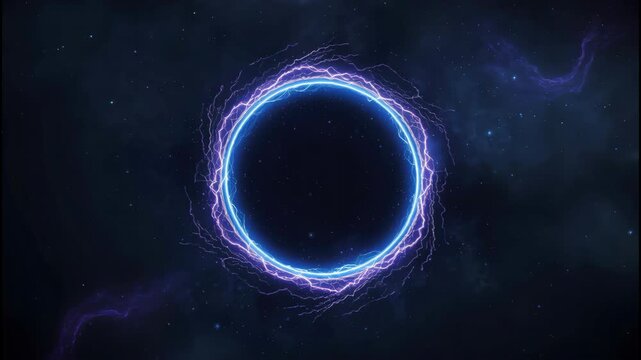 Electric blue plasma ring glowing with purple energy aura in dark galaxy space glow