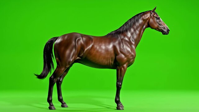 Brown horse standing on a green background.