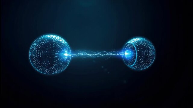 Digital glowing sphere connection with blue circuit light bridge and electric energy stream