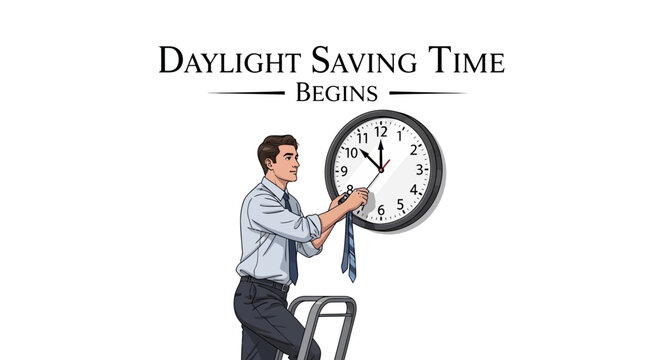 An illustration of a man adjusting a large clock to spring forward for daylight saving time begins in America.