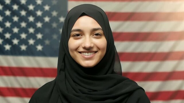 Smiling young Muslim woman in black hijab against waving American flag background, looking at camera, close-up portrait