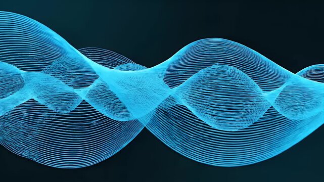 A teal-blue undulating pattern of layered lines floats on a dark background