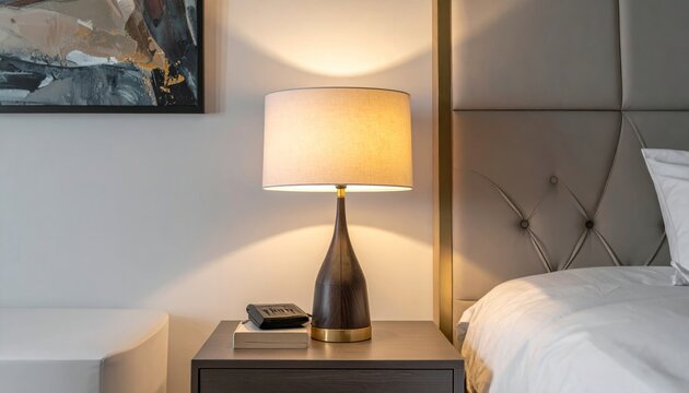 Elegant bedside lamp illuminating a modern hotel room interior.