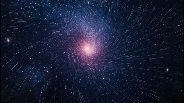 Spiral galaxy vortex with radiant pink core and streaking star trails creating dynamic cosmic motion