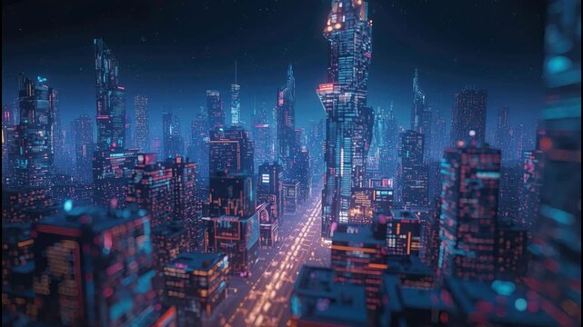 Cyberpunk city skyline night neon skyscraper lights buzzing avenue with bustling street energy