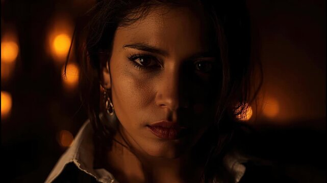 Moquette woman portrait candlelight warm light low key moody cinematic glow with dramatic shadow