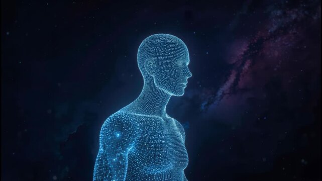 Glowing digital human hologram silhouette starfield galaxy futuristic blue particle grid