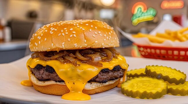 Burger Melt with Cheese and Onions on a Plate Still