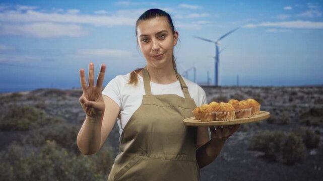 Woman hispanic wearing an apron holds a wooden tray of muffins and counts three fingers toward wind farm turbines on scrubland; friendly hospitality.