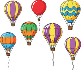 Colorful Hot Air Balloon Set with Striped and Patterned Designs Isolated on White Background Travel Vector Illustration