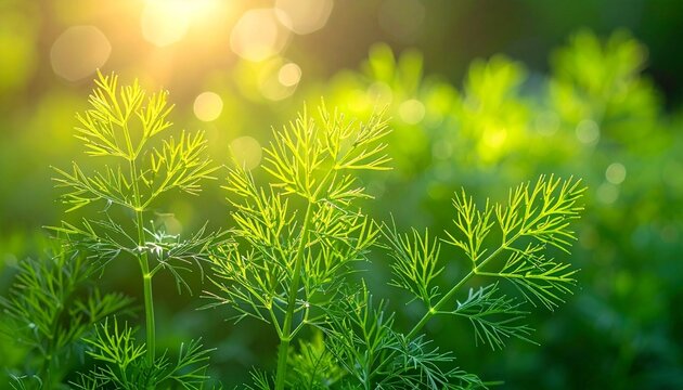 Fresh green grass shines under the sun in a vibrant spring garden where macro flora and evergreen pine branches meet the lush summer field of a coniferous forest
