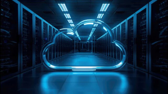 Cloud network data center server aisle with neon cloud icon glowing blue and reflective floor