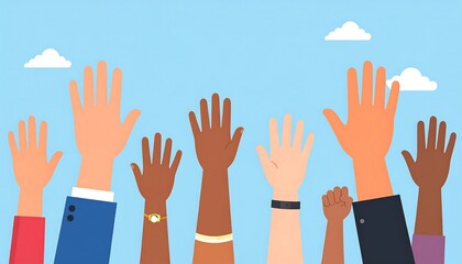 Obraz premium Diverse Hands Raised Together in Unity Against Blue Sky.