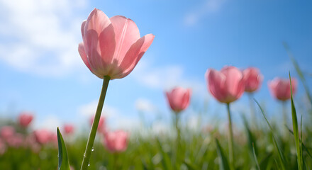 red tulips against blue sky