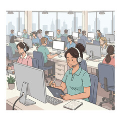 Fototapeta premium Concept vector illustration of an operator wearing a headset.