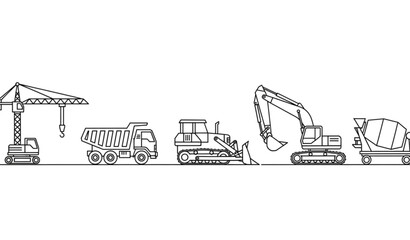 A line of construction vehicles including a crane, truck, bulldozer, excavator, and cement mixer in a simple black and white vector illustration © Ms