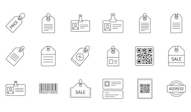 A set of line art vector icons depicting various label and tag designs
