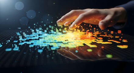 Business hand touching digital interface with glowing data charts